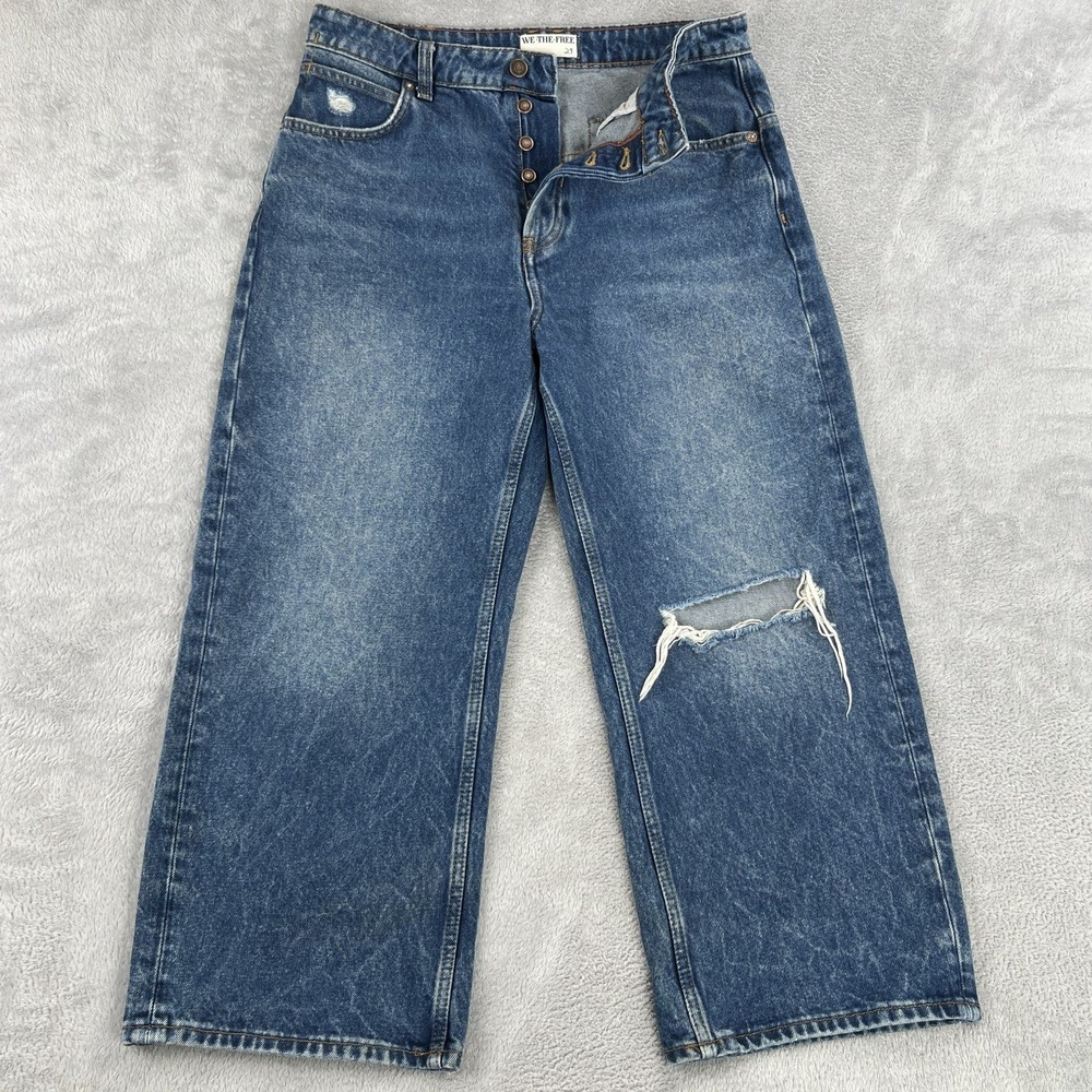 We The Free Baggy Wide Leg Distressed Jeans 29 Blue Knee Blowout Women Grunge